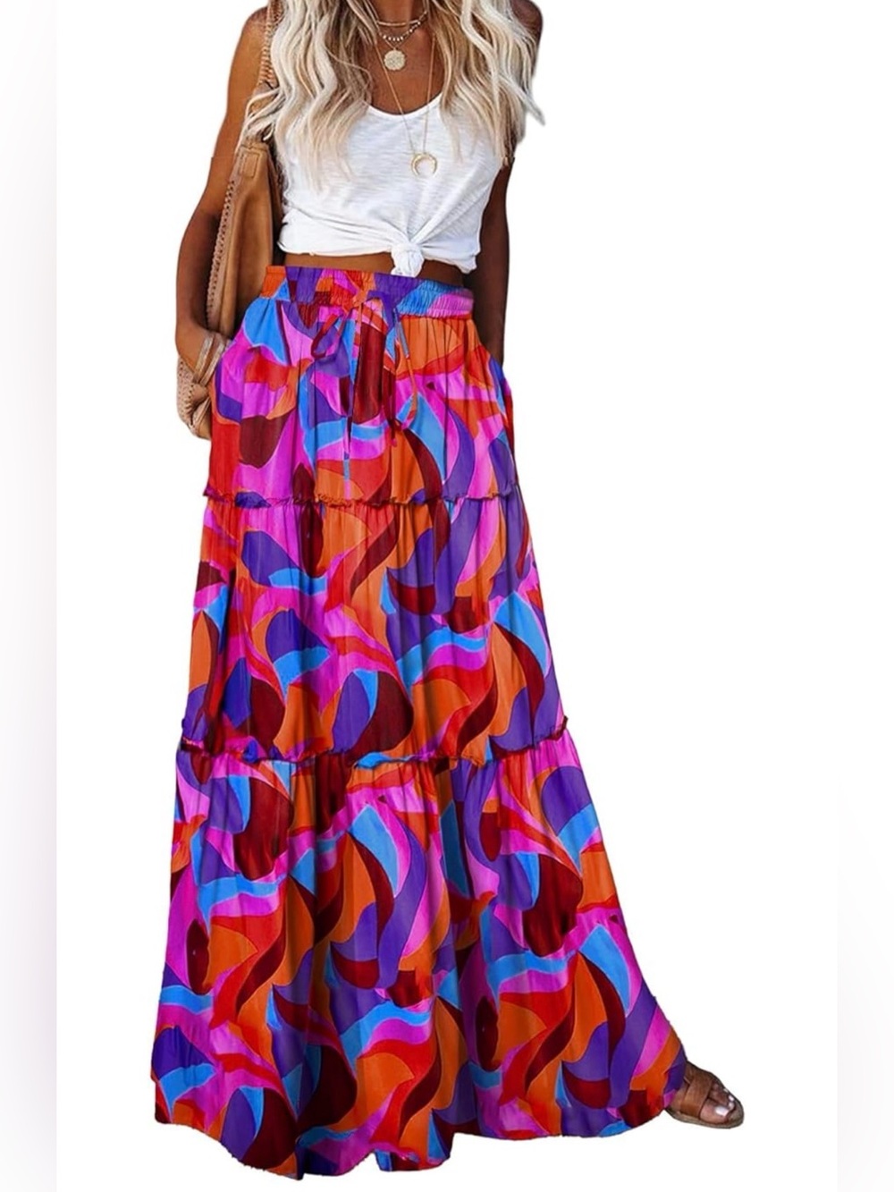 Boho Tiered Maxi Skirt in Multicolor Retro Print